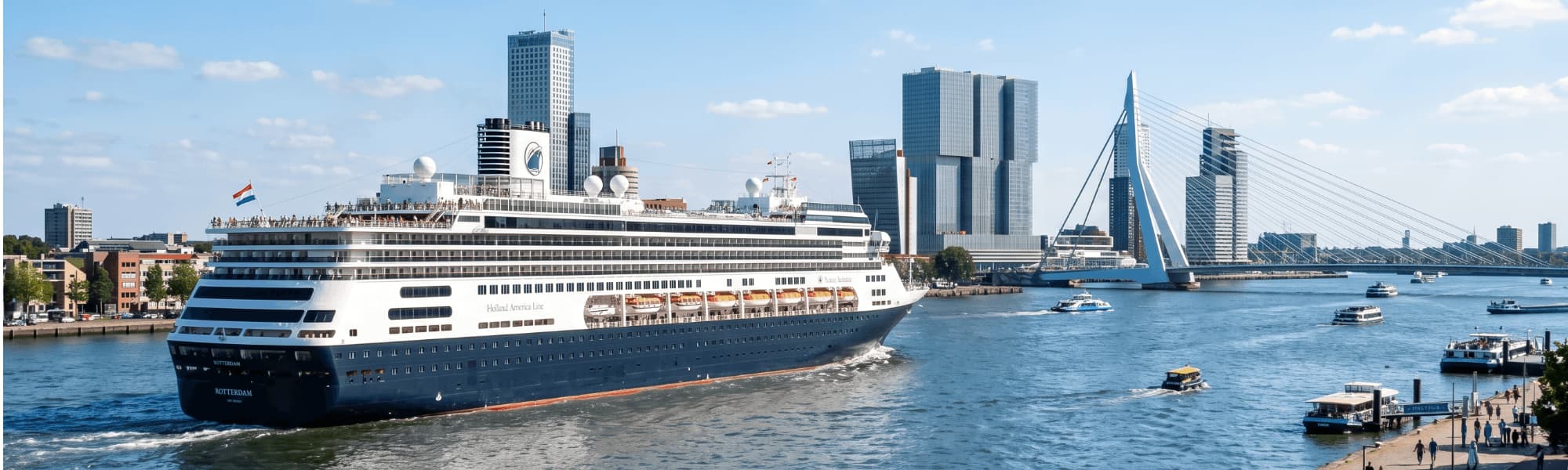ms Rotterdam vaart de Maas op met de Erasmusbrug op de achtergrond
