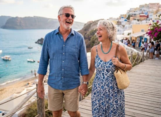 Actief senior stel wandelt lachend op een zonnige promenade in het zuiden