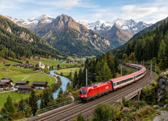 Trein door een Alpendal in Oostenrijk