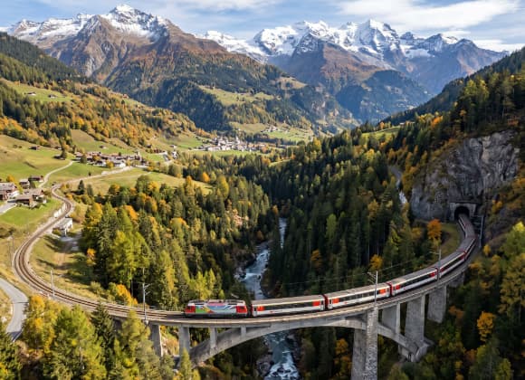 Trein over een viaduct door de Zwitserse Alpen